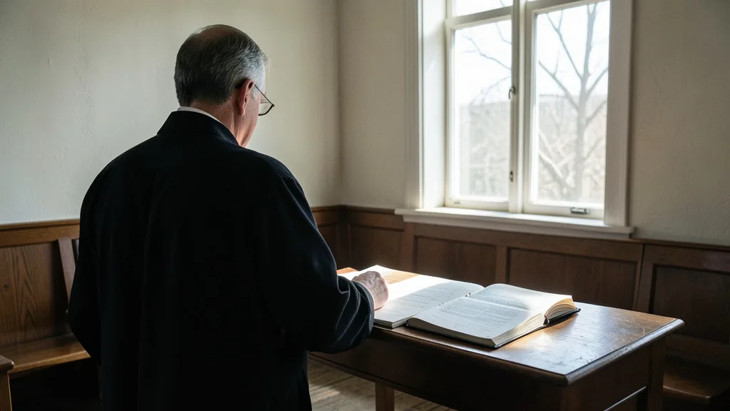 Imagem gerada por IA: Interior de uma igreja com um religioso e um livro aberto sobre uma mesa.