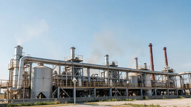 Imagem gerada por IA: Instalação de processamento de gás natural com tubulações e equipamentos de monitoramento no Texas.