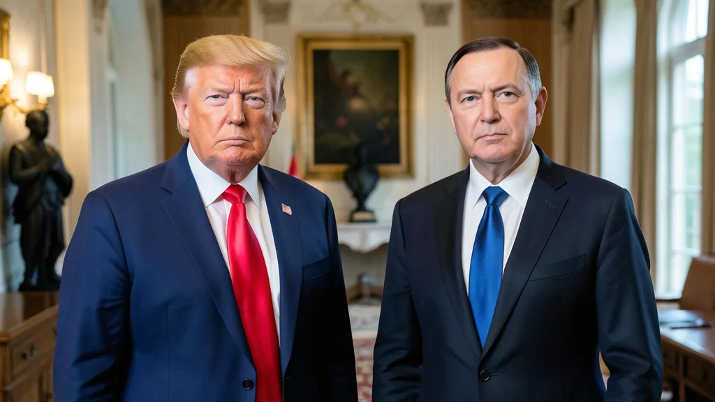 Imagem gerada por IA: Donald Trump e Benjamin Netanyahu em encontro diplomático formal.