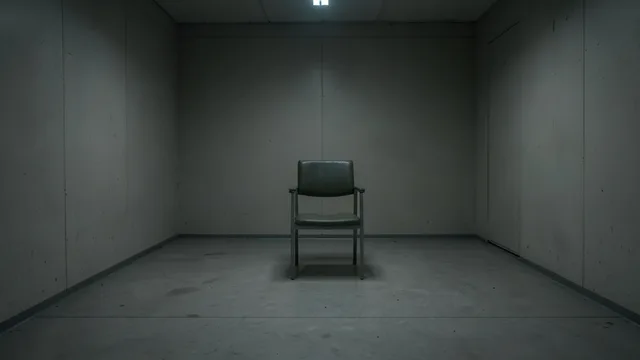 Imagem gerada por IA: Sala institucional vazia preparada para uma execução por pelotão de fuzilamento.