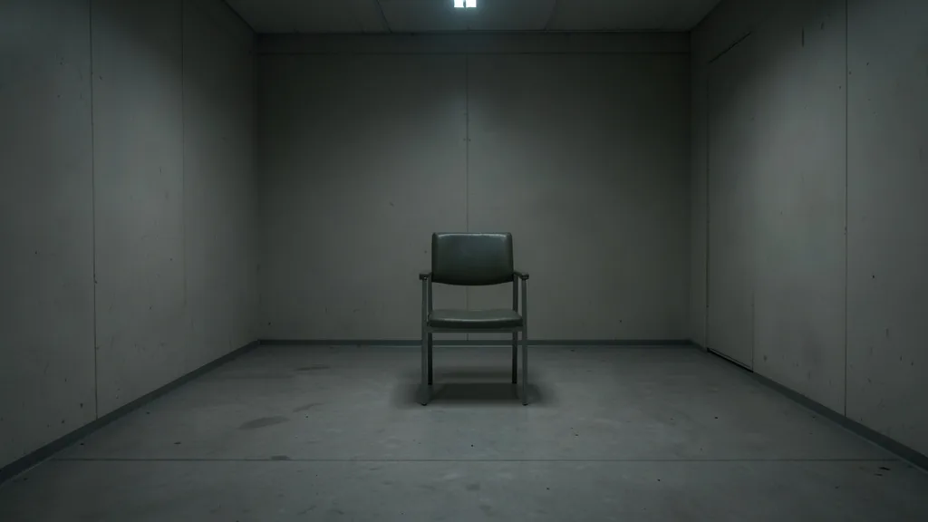 Imagem gerada por IA: Sala institucional vazia preparada para uma execução por pelotão de fuzilamento.