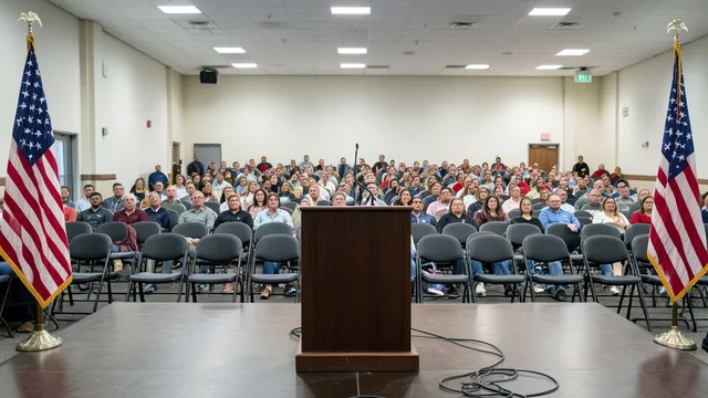 Imagem gerada por IA: Palco de campanha com púlpito vazio e público aguardando em um salão.
