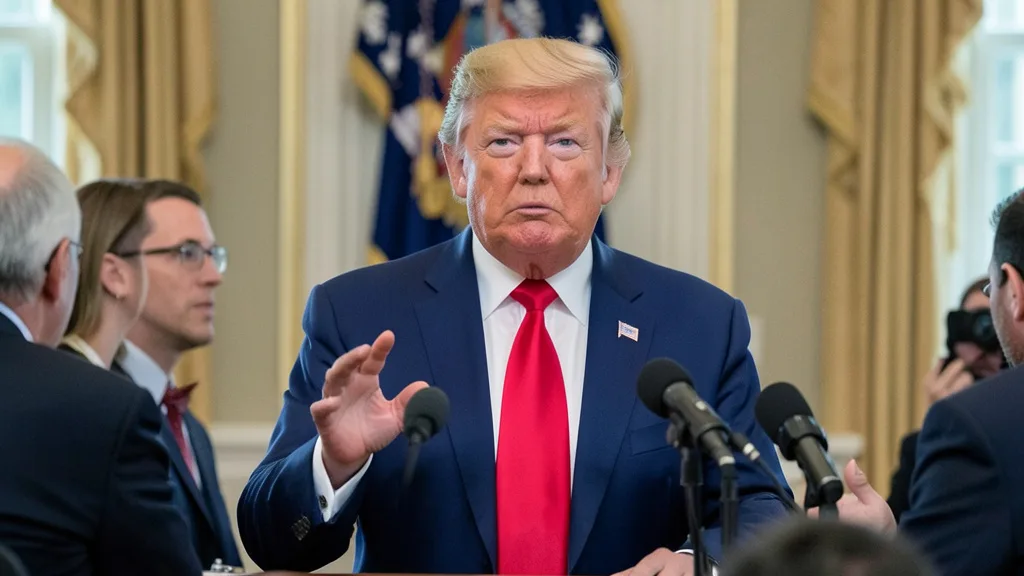 Imagem gerada por IA: Donald Trump fala a jornalistas durante uma coletiva em um ambiente oficial.