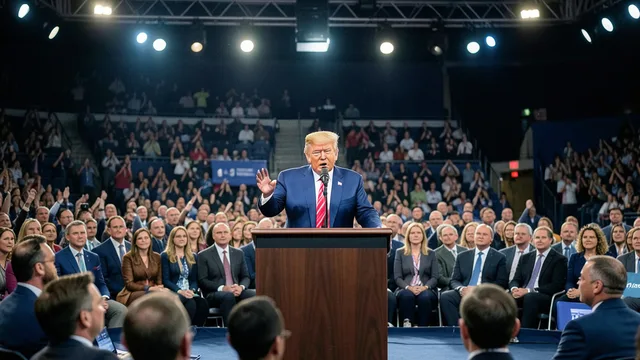 Imagem gerada por IA: Donald Trump discursa em um comício de campanha diante de uma plateia.