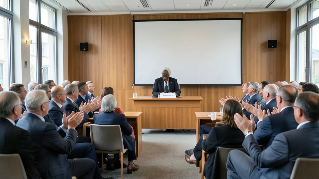 Imagem gerada por IA: Público aplaude uma jurista durante conferência em Nuremberg.