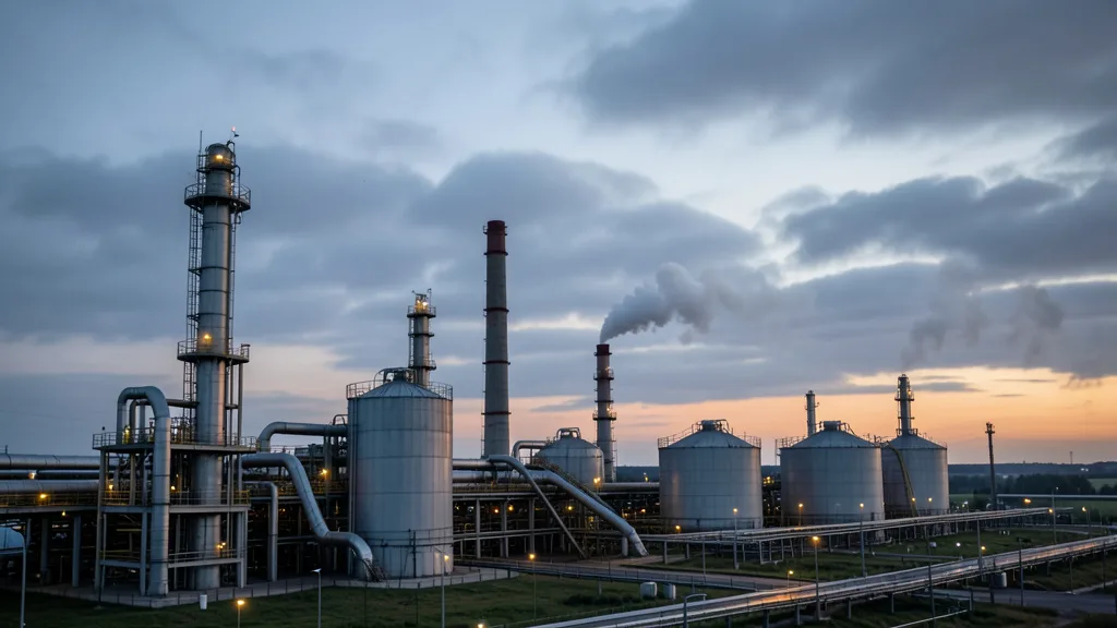 Imagem gerada por IA: Refinaria de petróleo na região de Ryazan sob um céu nublado, com fumaça ao fundo.