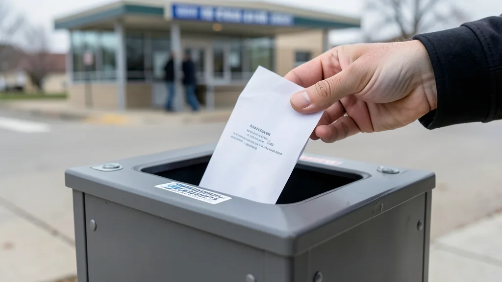 Imagem gerada por IA: Uma cédula dentro de envelope sendo depositada em uma urna eleitoral nos Estados Unidos.