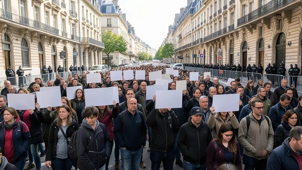 Imagem gerada por IA: Manifestantes ocupam uma rua de uma cidade francesa durante um protesto.