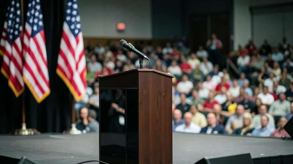 Imagem gerada por IA: Palco de comício nos Estados Unidos com púlpito, bandeiras americanas e público ao fundo.