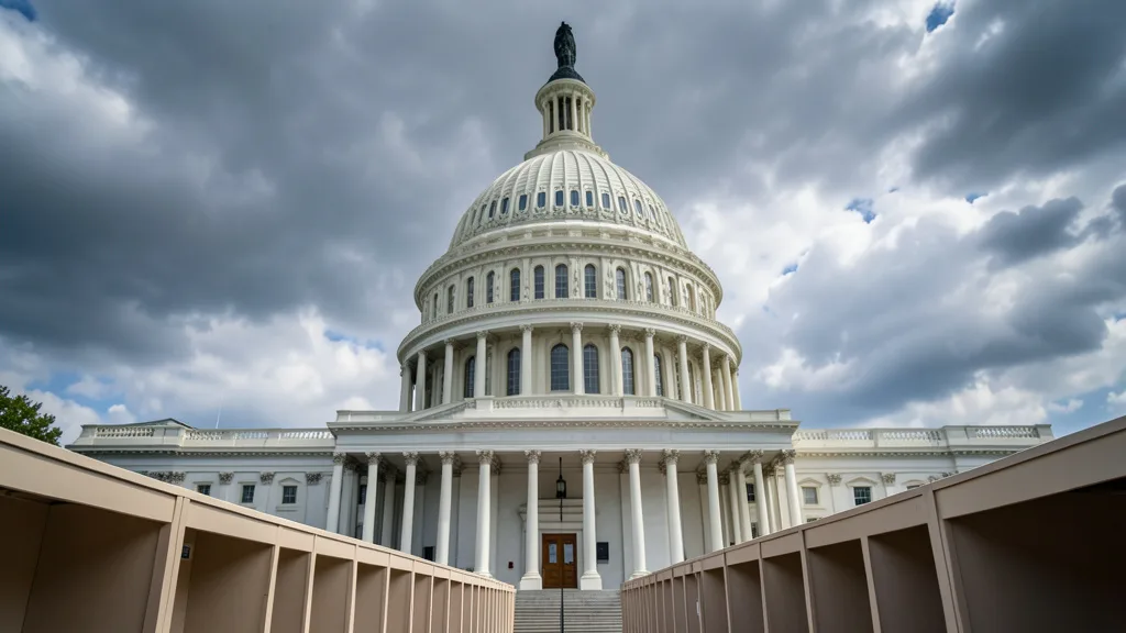 Imagem gerada por IA: Capitólio dos Estados Unidos ao fundo e cabines de votação vazias em primeiro plano.