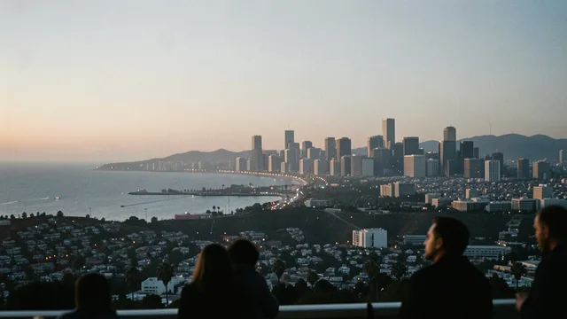 Imagem gerada por IA: Vista do horizonte de Los Angeles ao entardecer, com a cidade e o litoral ao fundo.