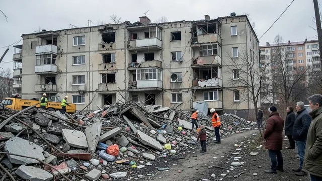 Imagem gerada por IA: Equipes de emergência trabalham diante de um edifício residencial danificado em Zaporizhzhia.