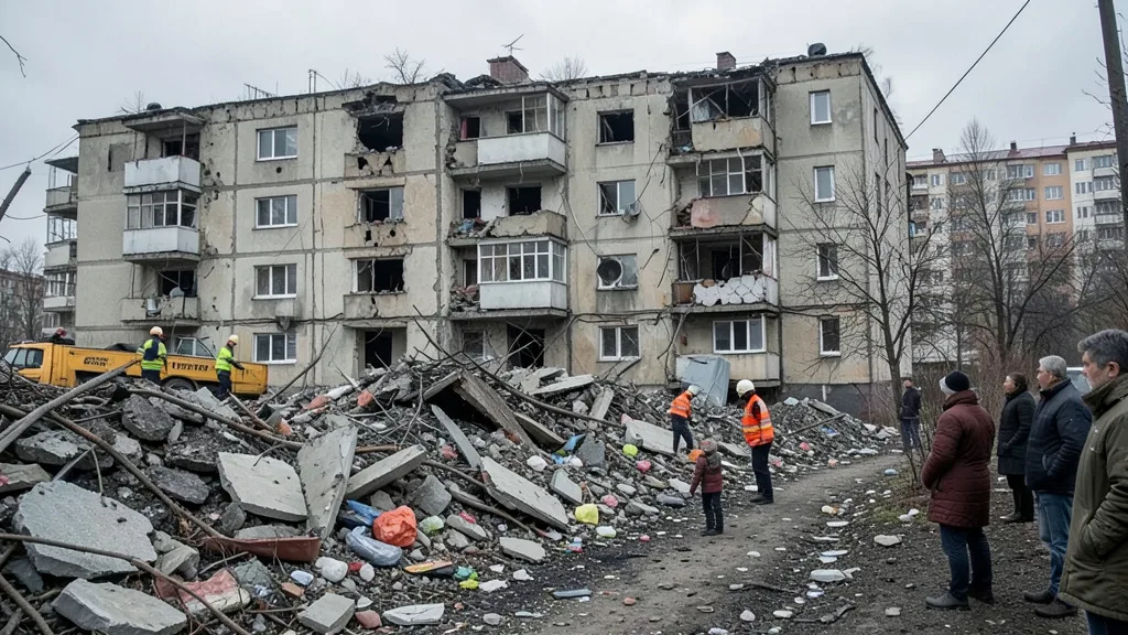 Imagem gerada por IA: Equipes de emergência trabalham diante de um edifício residencial danificado em Zaporizhzhia.