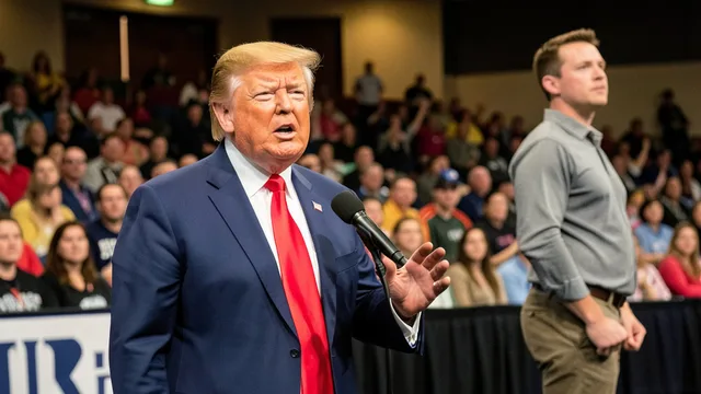 Imagem gerada por IA: Donald Trump discursa em um comício, com um candidato ao lado e apoiadores ao fundo.