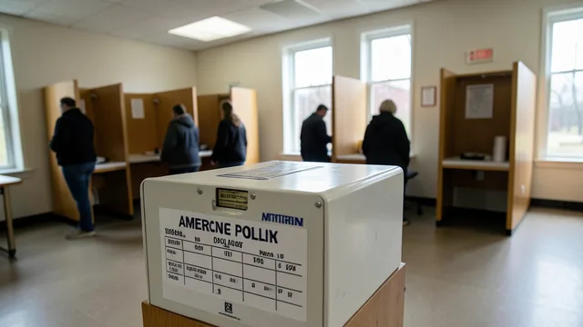 Imagem gerada por IA: Cabines de votação e uma urna em um local de votação nos Estados Unidos.