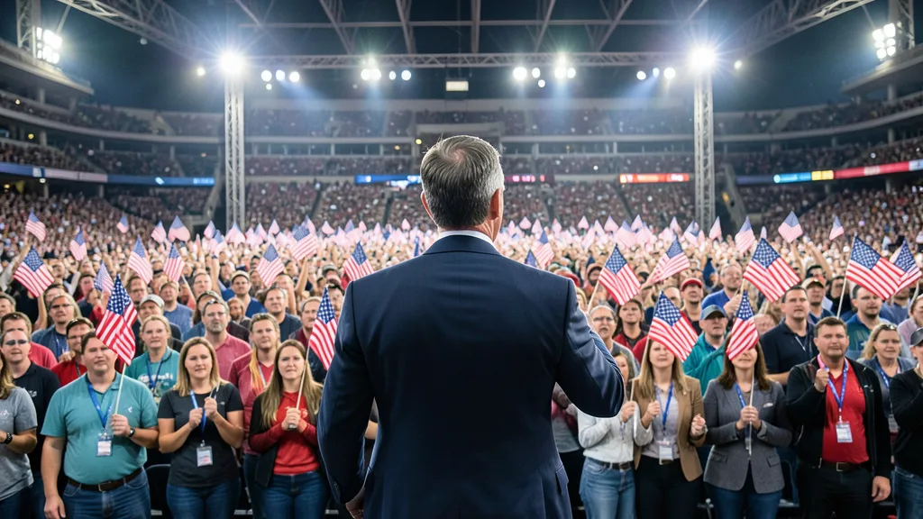 Imagem gerada por IA: Público acompanha um comício político nos Estados Unidos.