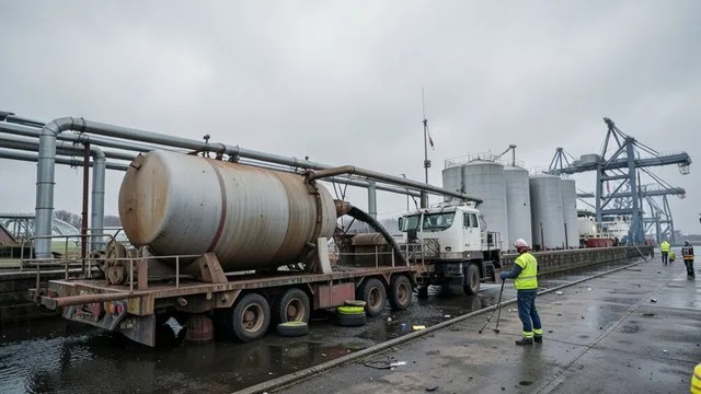 Imagem gerada por IA: Navio-tanque descarrega diesel em um terminal portuário com tanques de armazenamento ao fundo.