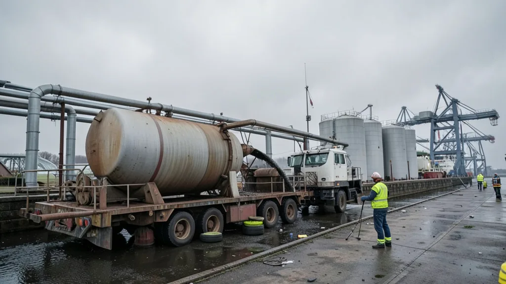 Imagem gerada por IA: Navio-tanque descarrega diesel em um terminal portuário com tanques de armazenamento ao fundo.