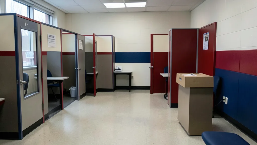 Imagem gerada por IA: Cabines de votação e uma urna em um local preparado para as eleições de meio de mandato nos Estados Unidos.