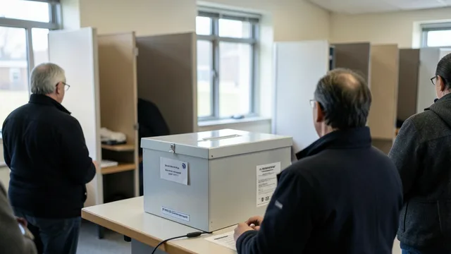 Imagem gerada por IA: Urna lacrada e cabines de votação em um local de votação nos Estados Unidos.