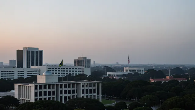 Congresso Nacional em Brasília ao entardecer, com bandeiras do Brasil e dos Estados Unidos ao fundo.