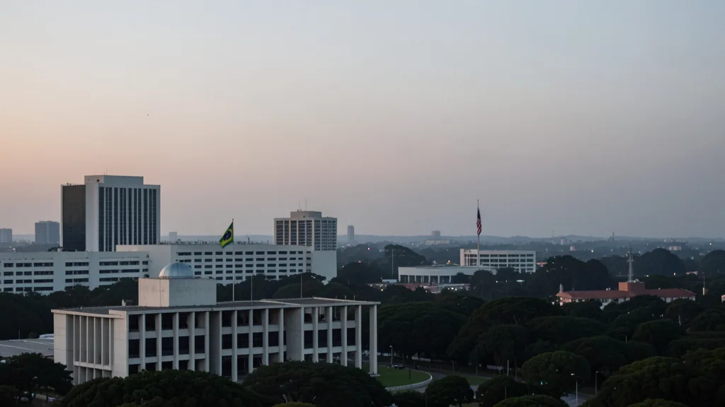 Congresso Nacional em Brasília ao entardecer, com bandeiras do Brasil e dos Estados Unidos ao fundo.