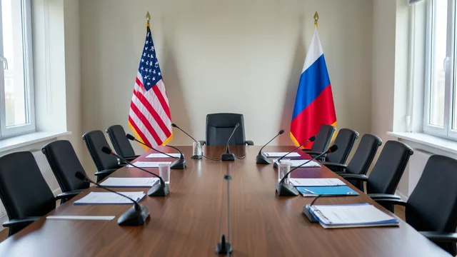 Imagem gerada por IA: Sala preparada para conversas diplomáticas, com mesa de reunião e bandeiras dos Estados Unidos, Ucrânia e Rússia.