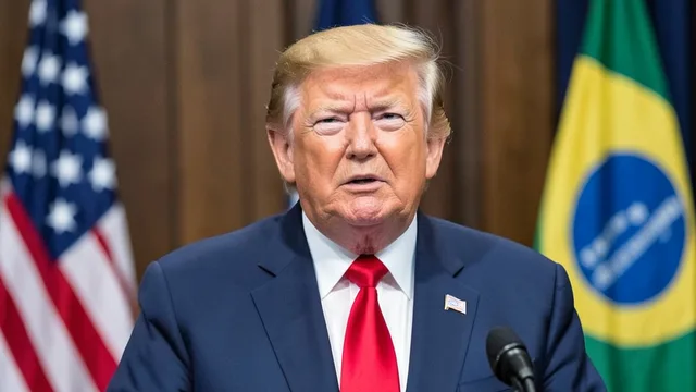 Imagem gerada por IA: Donald Trump fala em um púlpito diante de bandeiras dos Estados Unidos e do Brasil.