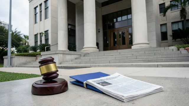 Imagem gerada por IA: Fachada de um tribunal federal com um martelo de juiz e uma pasta de documentos.