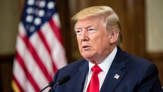 Imagem gerada por IA: Donald Trump discursa em um evento público, com uma bandeira dos Estados Unidos ao fundo.