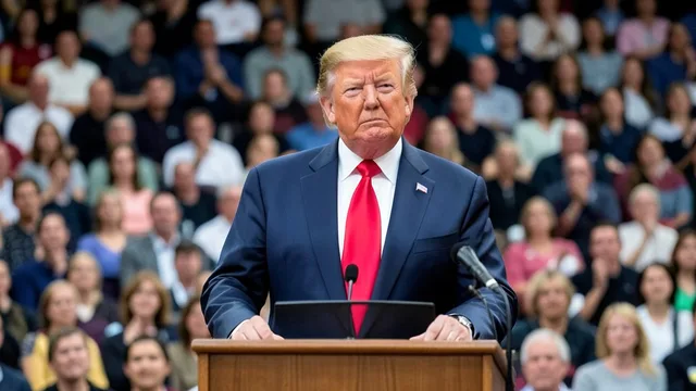 Imagem gerada por IA: Donald Trump discursa em um evento público, diante de uma plateia.
