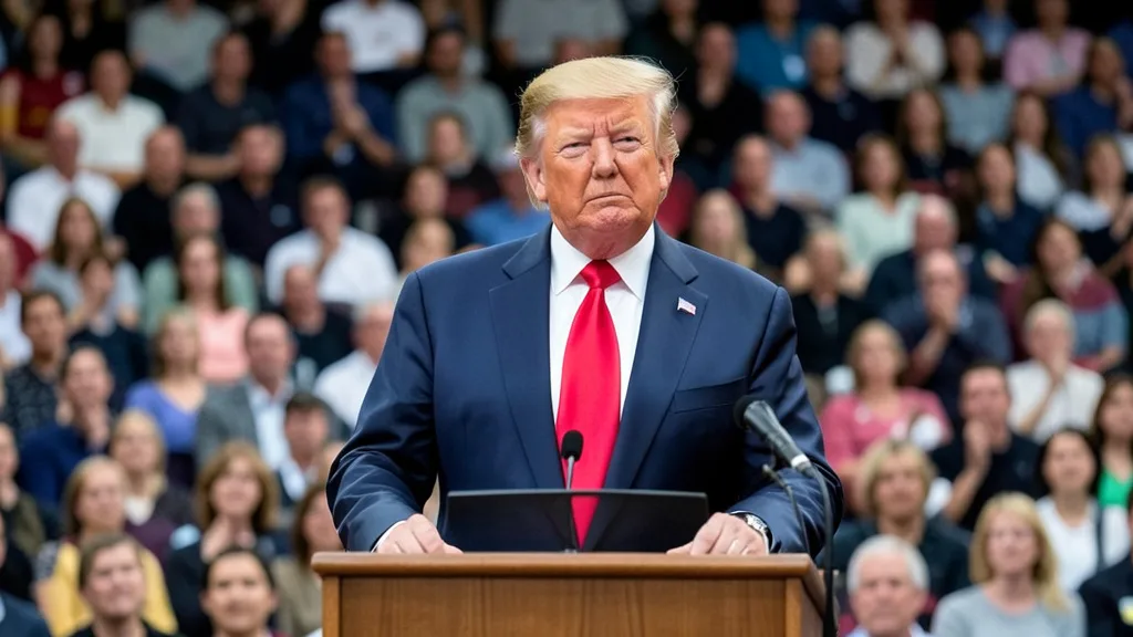 Imagem gerada por IA: Donald Trump discursa em um evento público, diante de uma plateia.