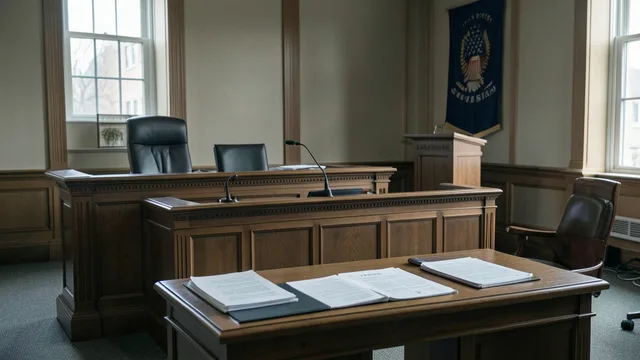 Imagem gerada por IA: Sala de audiência federal vazia, com bancada do juiz, cadeira de depoimento e documentos sobre uma mesa.