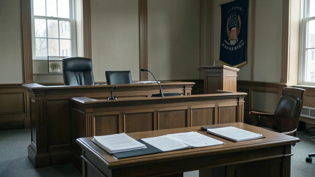 Imagem gerada por IA: Sala de audiência federal vazia, com bancada do juiz, cadeira de depoimento e documentos sobre uma mesa.