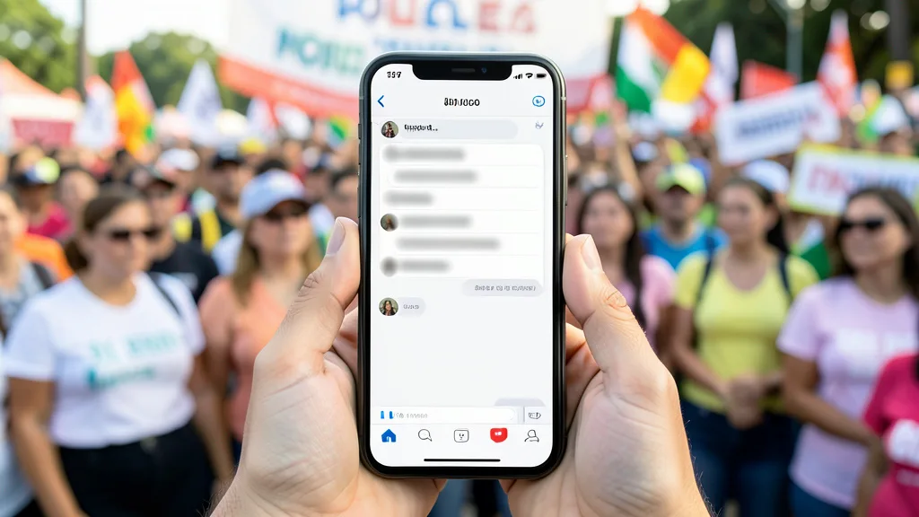 Imagem gerada por IA: Celular com uma tela genérica de mensagens diante de uma reunião de campanha política.