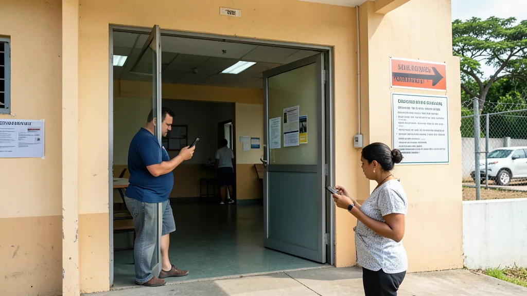 Imagem gerada por IA: Eleitor consulta o celular diante da entrada de um local de votação.