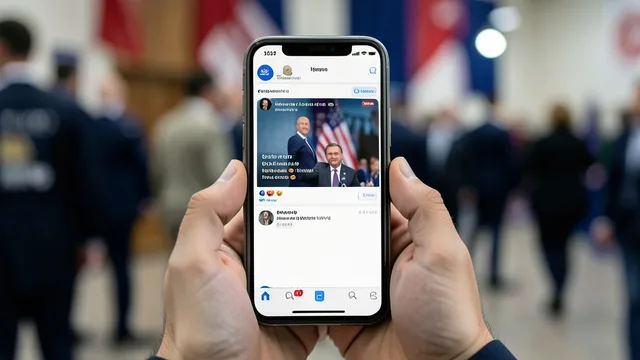 Imagem gerada por IA: Pessoa consulta no celular um canal de mensagens em meio a materiais genéricos de campanha eleitoral.
