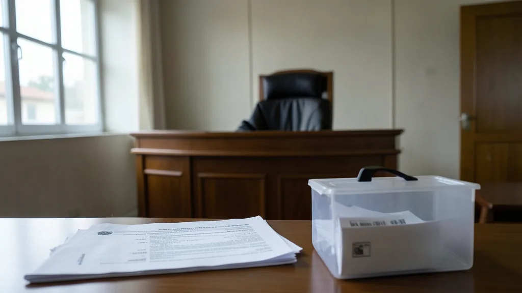 Imagem gerada por IA: Sala de tribunal com uma pasta de processo ao lado de uma urna eleitoral.