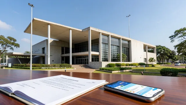 Imagem gerada por IA: Fachada do Tribunal Superior Eleitoral em Brasília, com uma pasta de documentos e um celular em primeiro plano.