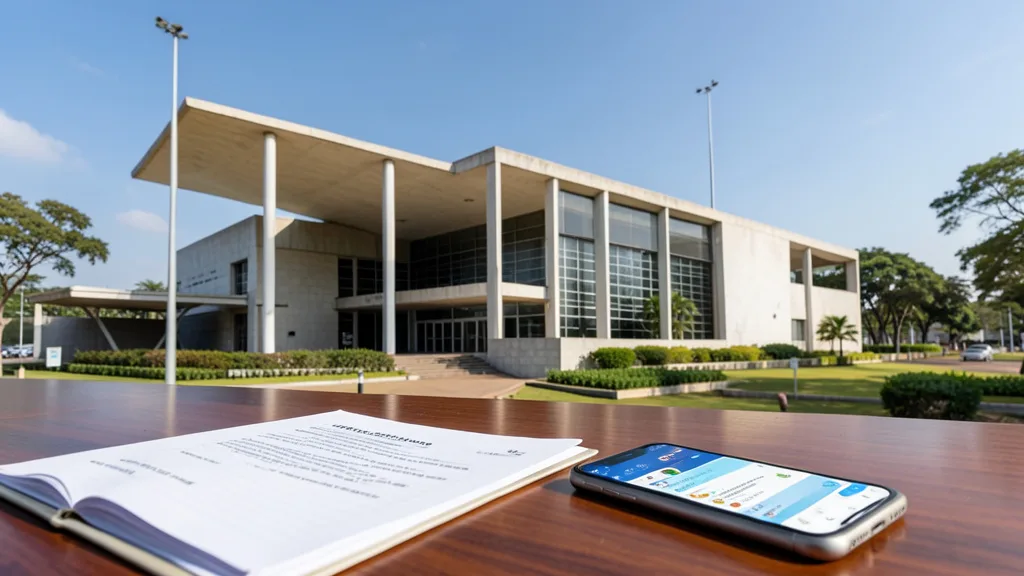 Imagem gerada por IA: Fachada do Tribunal Superior Eleitoral em Brasília, com uma pasta de documentos e um celular em primeiro plano.