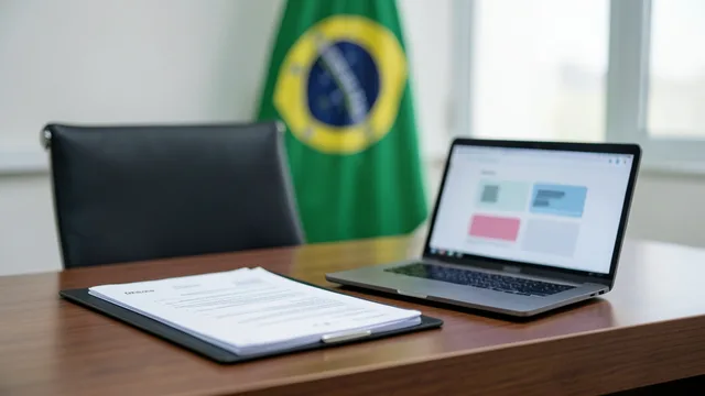 Imagem gerada por IA: Processo eleitoral e computador com interfaces de redes sociais em uma sala institucional.