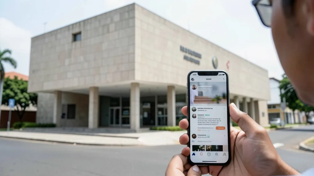 Imagem gerada por IA: Fachada de um tribunal eleitoral ao fundo e pessoa usando um celular em primeiro plano.