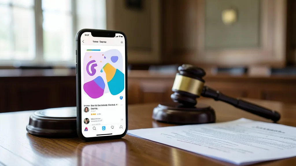 Imagem gerada por IA: Celular com interface genérica de rede social ao lado de um martelo judicial e documentos.