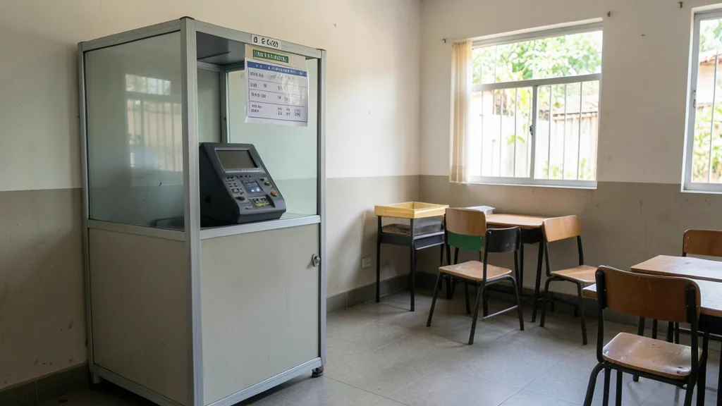 Imagem gerada por IA: Urna eletrônica em uma seção eleitoral vazia após o encerramento da votação.