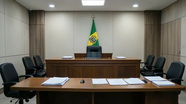 Imagem gerada por IA: Plenário de um tribunal eleitoral com bancadas dos magistrados e documentos sobre a mesa.