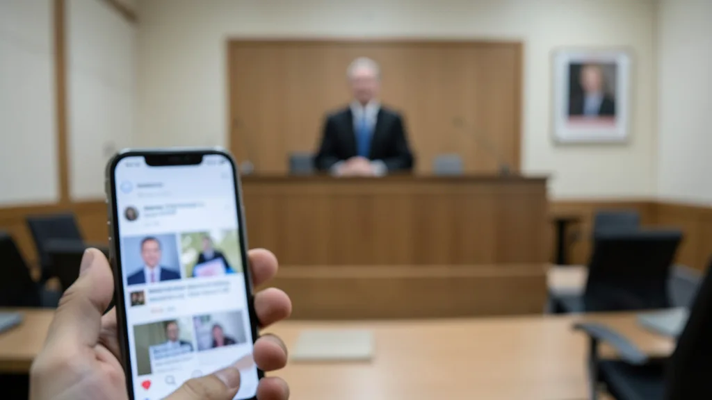 Imagem gerada por IA: Celular com publicações políticas diante de um tribunal.