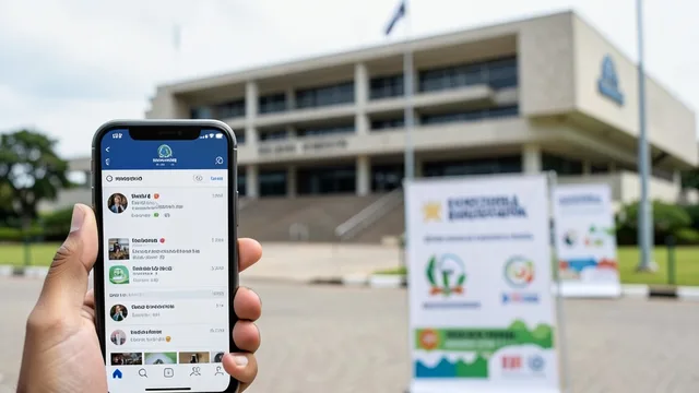Imagem gerada por IA: Fachada de um tribunal eleitoral ao fundo e celular com uma rede social em primeiro plano.