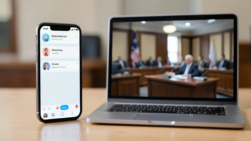 Imagem gerada por IA: Celular com interface genérica de rede social ao lado de um laptop, em imagem sobre fiscalização eleitoral e tecnologia.