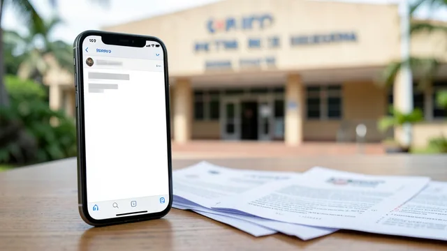 Imagem gerada por IA: Celular com interface genérica de canal de mensagens diante de documentos e de um prédio institucional desfocado.