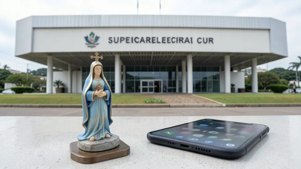 Fachada do TSE ao fundo, com uma imagem de Nossa Senhora Aparecida e um celular em primeiro plano.
